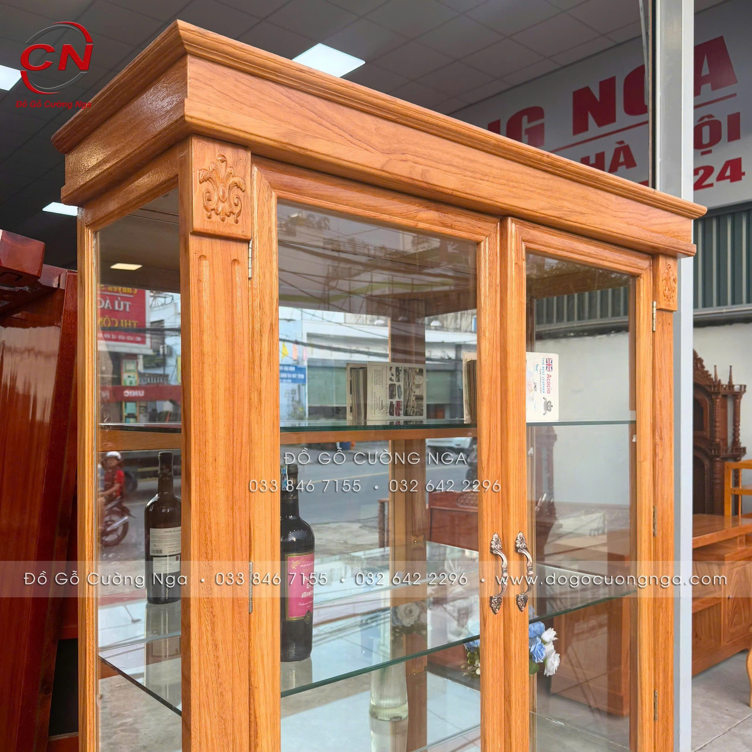 tủ rượu gỗ gõ đỏ 2 cánh mở - dài 1m2