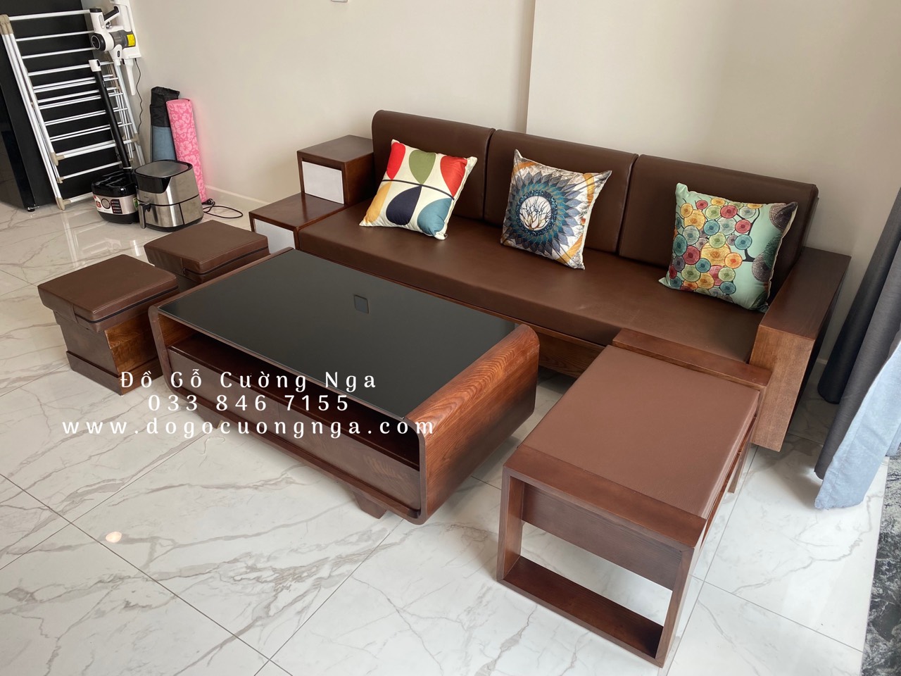 ghế sofa gỗ sồi nga văng lau màu óc chó