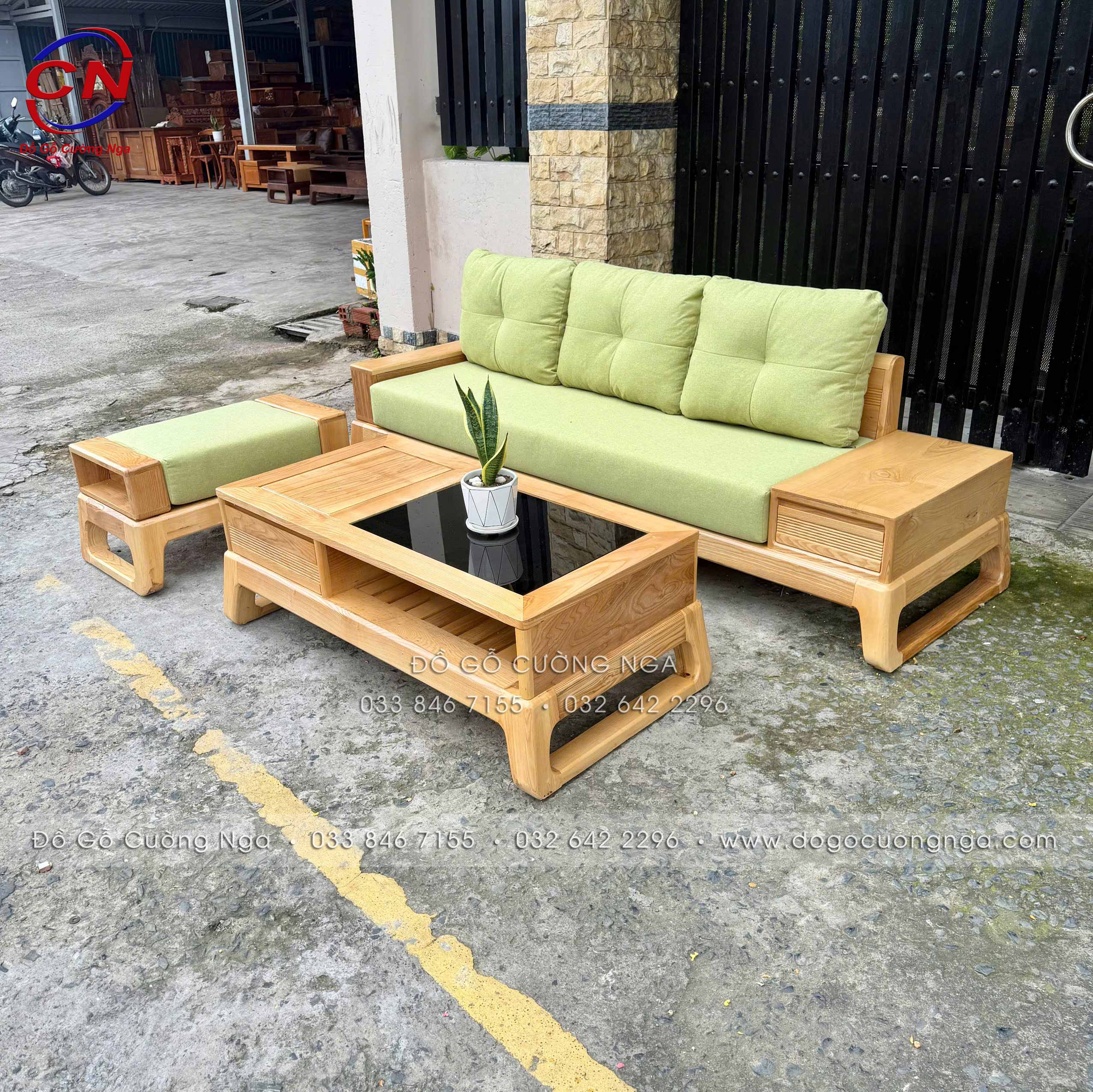 sofa gỗ sồi văng choãi 