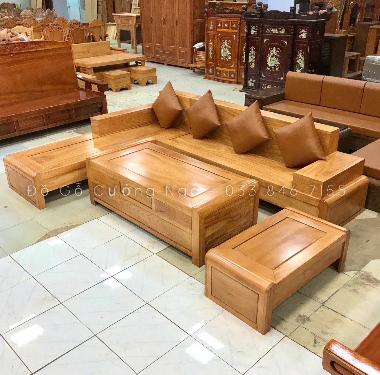 bàn ghế sofa góc L gỗ gõ đỏ hiện đại 