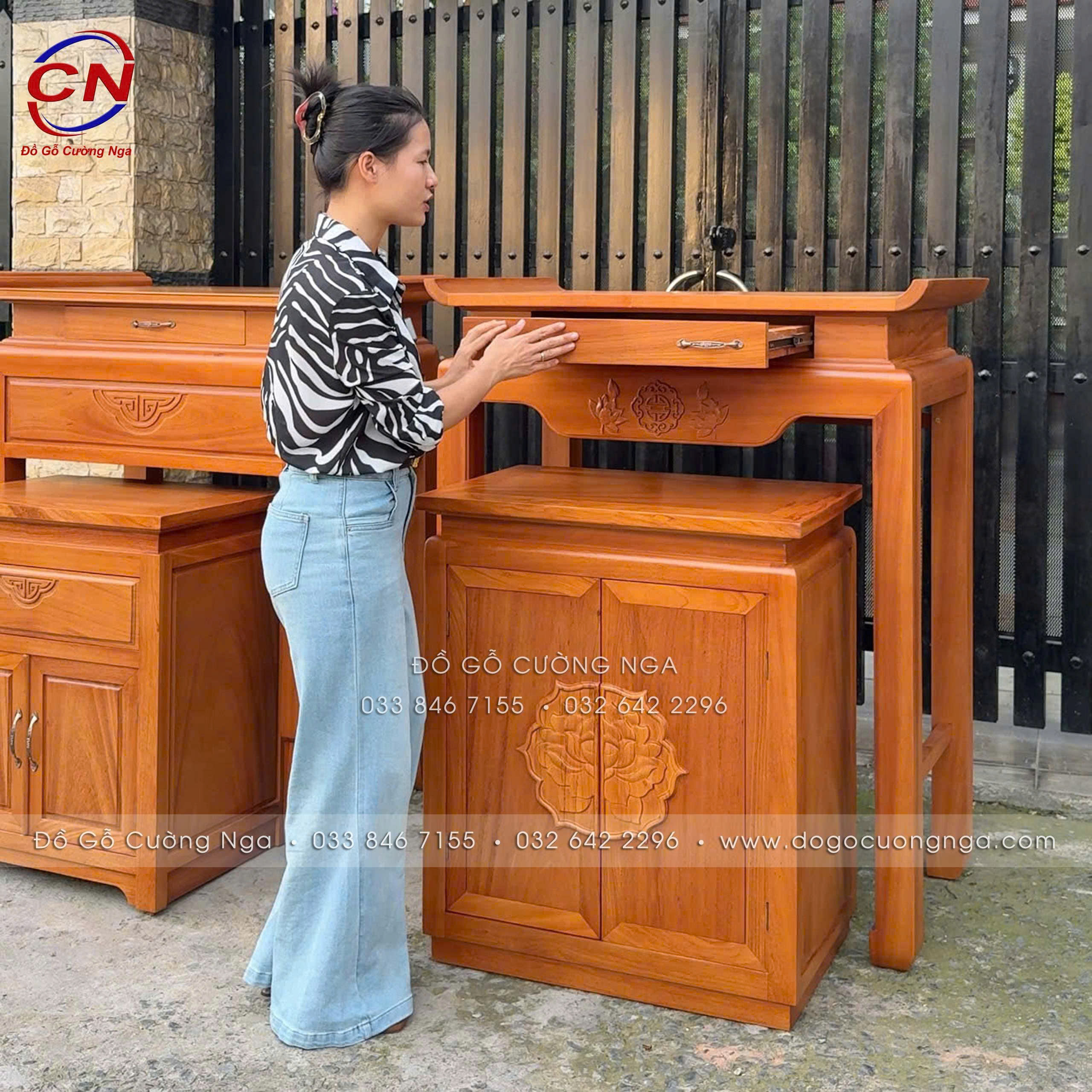 tủ thờ gỗ gõ đỏ 1m07 kèm tủ cơm danh cho chung cư căn hộ