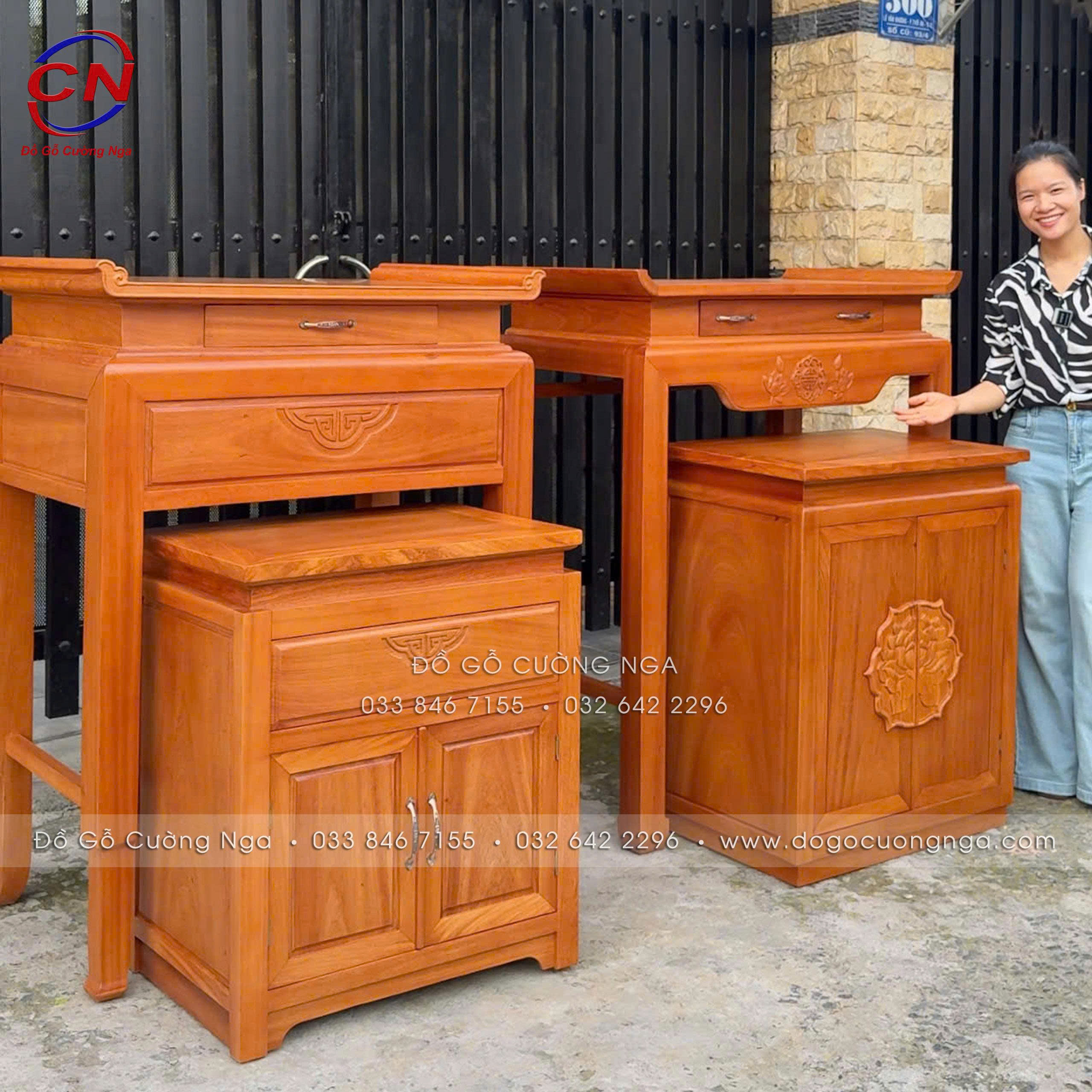 tủ thờ gỗ gõ đỏ 1m07 kèm tủ cơm danh cho chung cư căn hộ