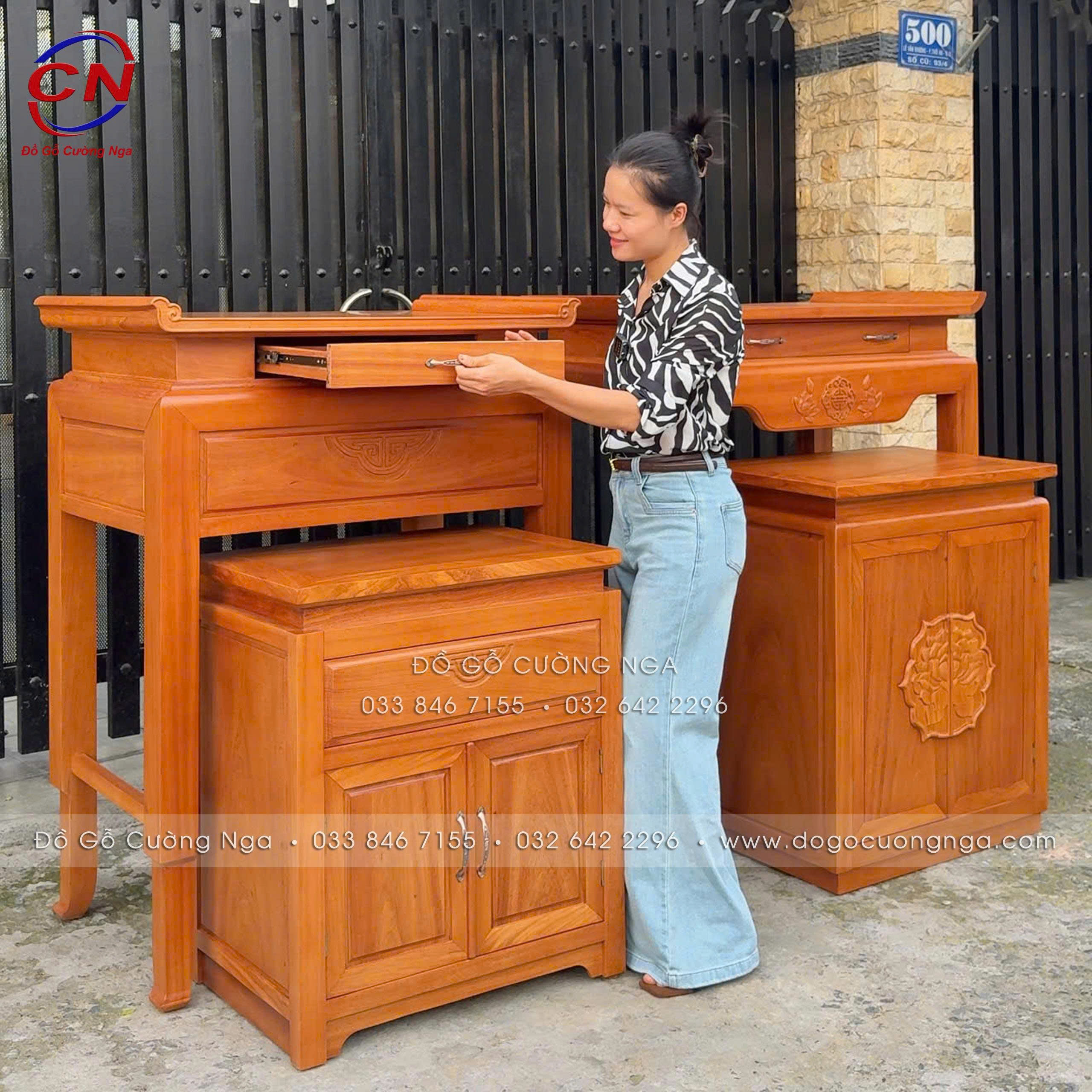 bàn thờ gỗ gõ đỏ 98cm hiện đại 